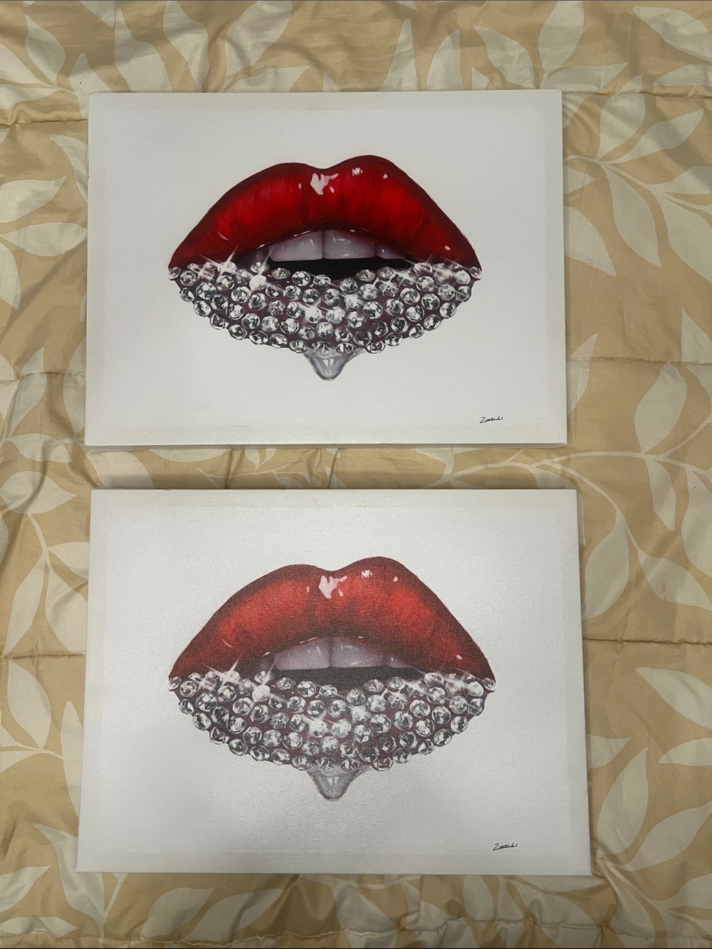 Red Crystal Lip Canvas Pair - Elegant Wall Art